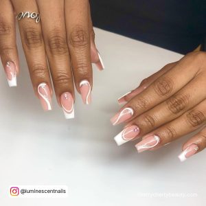 White Swirl Nails Coffin With White Tips