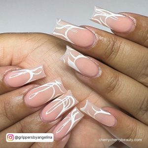 White Swirl Nails Square In French Manicure Style