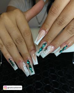 White Tip Long Nails With Blue Diamonds