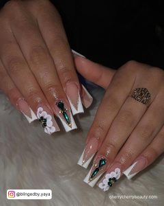 White Tip Nails With Rhinestones With Ring In One Finger