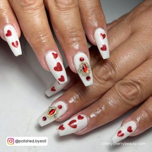 White Valentine'S Day Acrylic Nails Coffin Shape With Red Hearts And Red Rhinestones