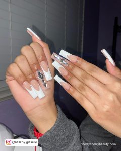White With Rhinestones Nails On One Finger
