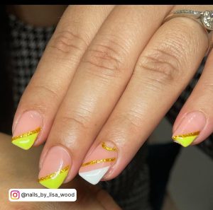 Yellow And White Glitter Nails In Golden Color