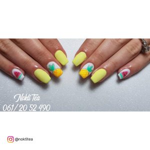 Yellow And White Nails Design With Pineapples