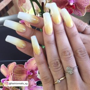 Yellow And White Ombre Nails With Rings