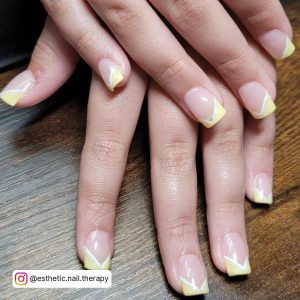 Yellow And White Short Nails With Design On Tips Only