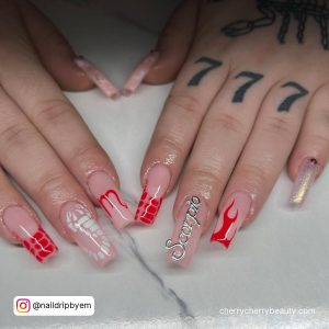 Acrylic Birthday Nail Designs In Red And Nude Shade
