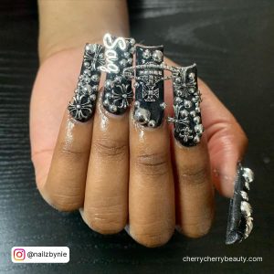 Acrylic Birthday Nails In Black And White