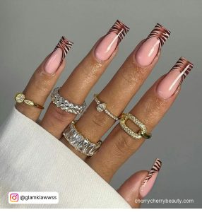 Acrylic Brown French Tip Nails With Line Pattern
