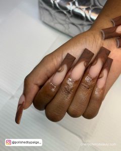 Acrylic Brown French Tip Nails With Matte Finish