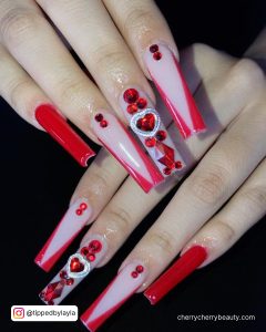 Acrylic Cute Nails With Red Tips And Rhinestones