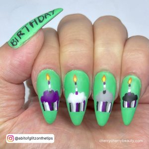 Acrylic Nail Birthday Ideas In Green With Cupcakes