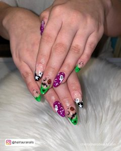 Acrylic Nail Designs Halloween In White, Green And Purple