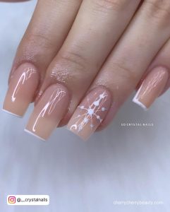 Acrylic Nail Ideas Nude With White Design On Ring Finger