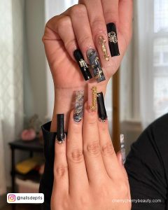 Acrylic Nails Birthday Ideas In Black And Gold