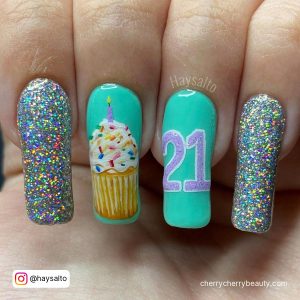 Acrylic Nails Birthday With Glitter And Cupcakes
