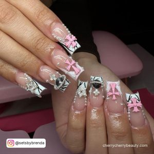 Acrylic Nails Designs In Red, White, Black, And Pink