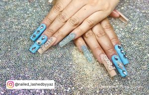 Acrylic Nails For Birthday In Blue With Rhinestones