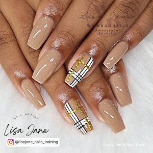 Acrylic Nails Gold With Burberry Design