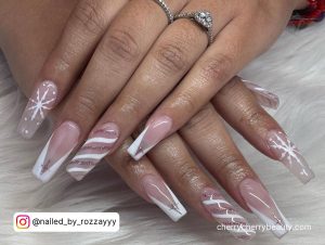 Acrylic Nails Ideas Coffin Nude With White Swirls