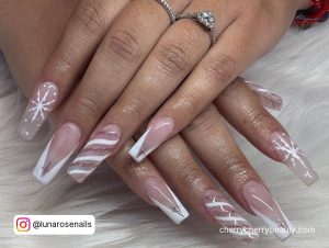 Acrylic Nails Ideas Coffin Nude With White Swirls