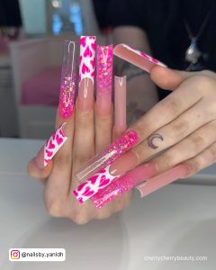 Acrylic Nails In Pink With Hearts