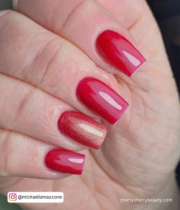 Acrylic Nails Red And Gold In Square Shape