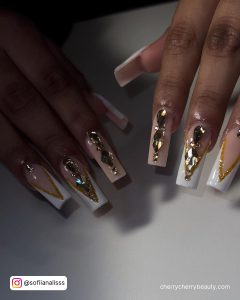 Acrylic Nails White And Gold With Rhinestones