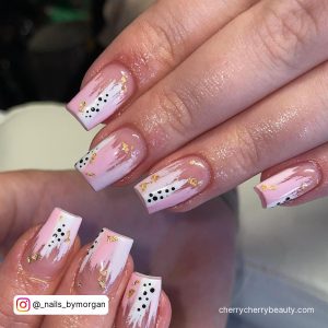 Acrylic Pink And Gold Nails With Black Dots
