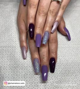 Acrylic Purple Nail Designs With Glitter On One Finger