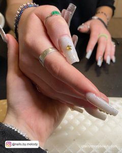 Acrylic White And Gold Nail With Stones