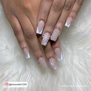 Acrylic White And Gold Nails With Nude Base Coat