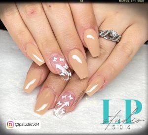 Beige And White Nails With Butterfly Design