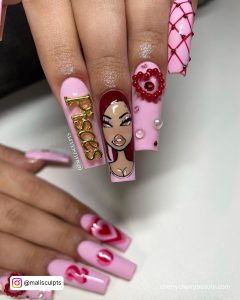 Birthday Acrylic Nails Coffin In Pink And Red