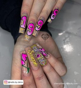 Birthday Coffin Nail Ideas In Pink, Black, And Glitter