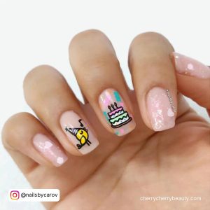 Birthday Nail Art For Short Nails With Cake On One Finger