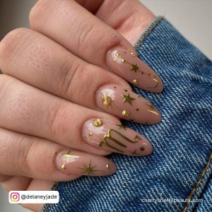 Birthday Nail Designs In Nude With Gold Design