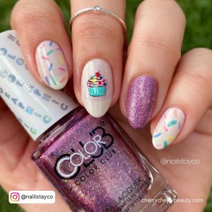 Birthday Nail Designs Short With Glitter And Cupcake