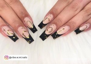 Birthday Nail Ideas Coffin In Black And Golden With Nude Base