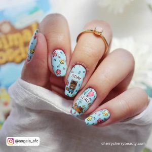 Birthday Nail Ideas Coffin With Flowers On Pastel Blue
