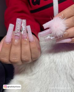Birthday Nail Ideas Long In Pink With Glitter And Fur