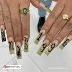 Birthday Nail Ideas Long With Olive Green Tips And Black Design