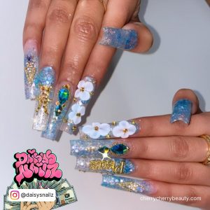 Birthday Nails Acrylic With Flowers And Rhinestones