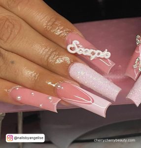 Birthday Nails Dip Pink With Glitter And Diamonds