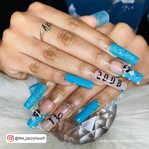 Birthday Nails Long In Blue With Diamonds