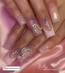 Birthday Nails Pink With Rhinestones