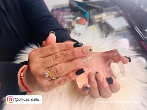 Black Acrylic Nails Short With Glitter On Coffin Shape