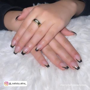 Black Acrylic Nails With Gold Foil In Coffin Shape