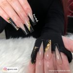Black And Nude Acrylic Nails With Gold Design