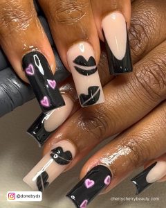 Black And Pink Heart Nails With Lips